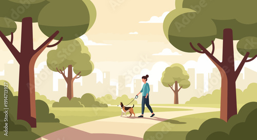 A woman enjoys a peaceful urban park activity, walking her loyal dog on a leash along a scenic pathway amidst lush green trees and distant city buildings, embracing a healthy lifestyle