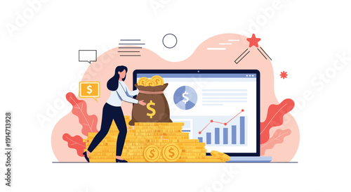 Successful businesswoman building long-term wealth by placing a money bag on gold coin stacks against a digital data analytics background.