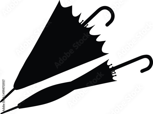 Silhouette illustration of two closed umbrellas with curved handles, overlapping diagonally, isolated on white background for fashion accessory, rainy weather, and design concepts.