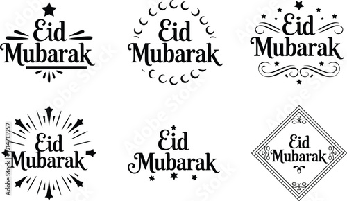 Eid Mubarak Greeting Set: Black Vector Typography and Minimalist Lettering Icons
