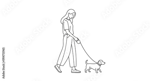 Line art illustration of a woman walking her dog on a leash, symbolizing companionship and outdoor activity