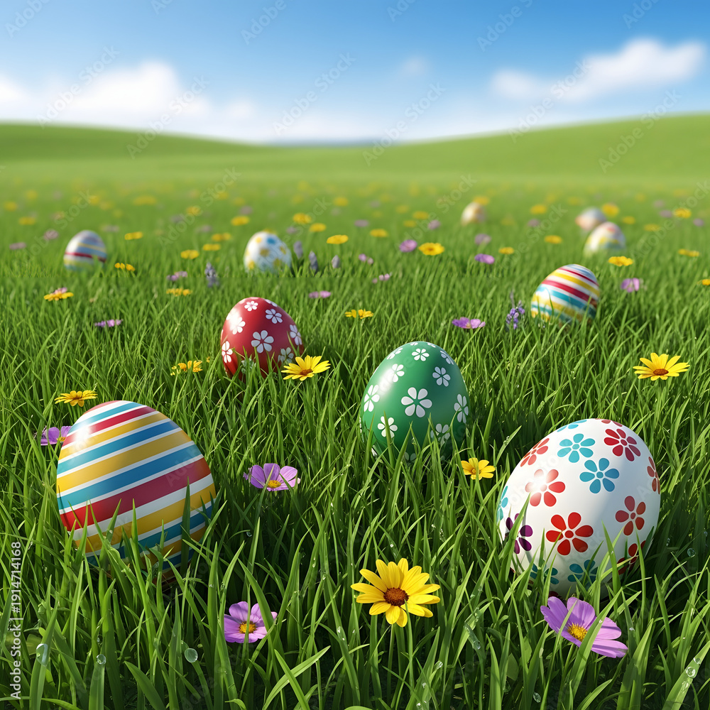 Fototapeta premium Colorful Easter eggs hidden in vibrant green grass with flowers