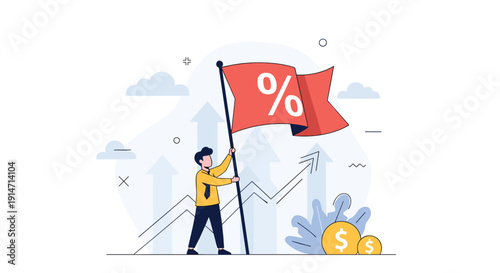 Businessman holding a large red flagpole with a percentage symbol representing financial interest rates or corporate sales discounts.