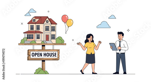 Real estate agents standing near a house model and a wooden open house sign to promote residential property sales and viewings.