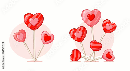A charming collection of heart-shaped lollipops in red and pink, beautifully arranged, symbolizing love and sweetness, ideal for confectionery designs and romantic themes