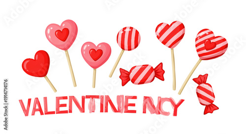 A delightful assortment of sweet pink and red heart-shaped lollipops and striped candies, perfect for celebrating love, romance, and special occasions like Valentine's Day