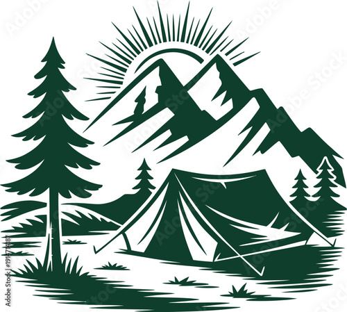 Green camping scene with mountains and trees under a rising sun tent pine