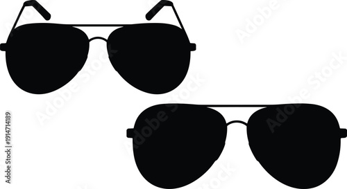 Silhouette illustration of two pairs of aviator sunglasses, one with angled earpieces and one with rounded lenses, isolated on white background for fashion, eyewear, and design concepts.