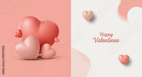 3D rendered pink and red hearts form a sweet composition, celebrating love and romance, perfect for Valentine's Day greetings and affectionate messages