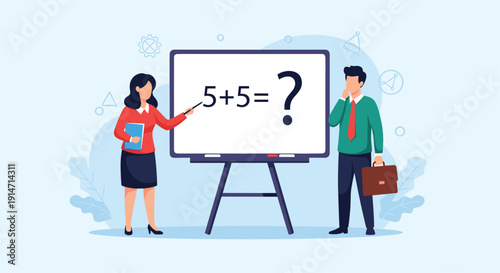 Professional female teacher explaining a simple math problem on a whiteboard to a thoughtful male student holding a briefcase.