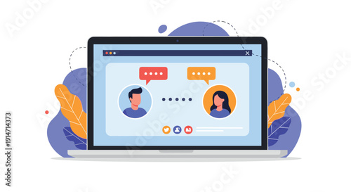 Online video communication on a laptop screen showing a man and a woman in chat circles with various social media icons below.