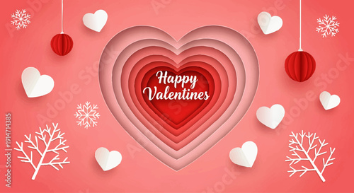 Charming layered paper art with multiple hearts, creating a stunning 3D effect on a vibrant pink background, celebrating love and joy for Valentine's Day with festive decorations