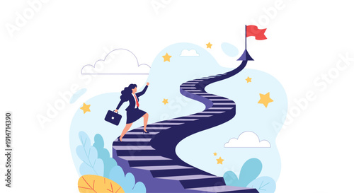 Ambitious businesswoman climbing a winding staircase towards a victory flag at the peak to symbolize her career progression.