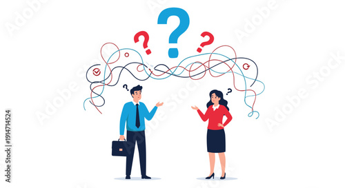 Confused business professionals standing under a large tangled web of lines and question marks representing a complex issue.