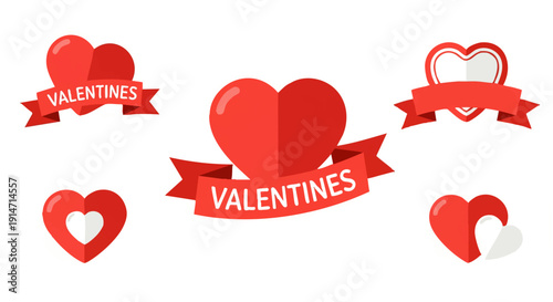 Collection of festive red heart icons with decorative ribbons, perfect for Valentine's Day celebrations, love-themed projects, and romantic greetings