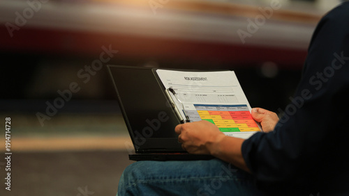 Tableau sur toile Focused male professional holding document and performing risk assessment analys