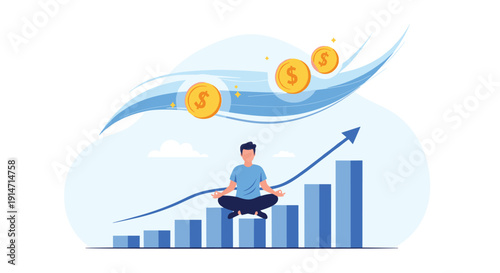 Financial mindfulness and steady growth concept featuring a man meditating on a rising blue bar graph with floating coins.