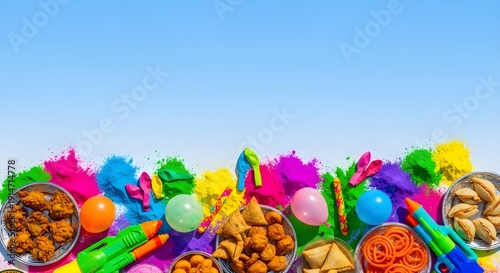 Vibrant Holi festival celebration with colorful powders, water guns, balloons, and traditional Indian snacks against a bright blue sky.