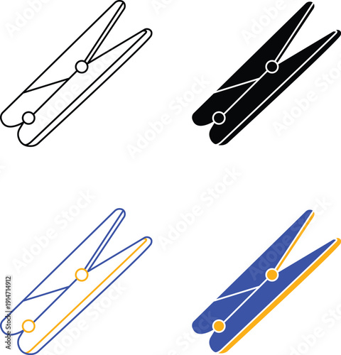 Laundry Clothespins Clamping Wooden Plastic Pegs For Hanging Wet Clothes Drying Household Utility Laundry Vector Silhouette, Pictogram and Line Icon Set.eps