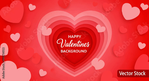 Vibrant red layered hearts forming a romantic tunnel effect, perfect for a joyful Valentine's Day celebration background, symbolizing deep love and affection