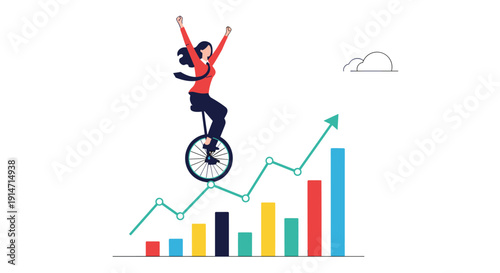 Joyful businesswoman celebrates her success while riding a unicycle atop a rising financial bar chart with her arms raised high.