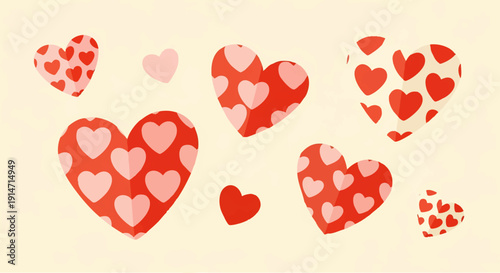 A delightful composition of patterned and solid hearts in shades of red and pink, evoking feelings of affection and happiness, perfect for romantic and festive designs