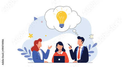 Diverse group of business professionals are brainstorming together at a table under a bright lightbulb symbol representing a new idea.