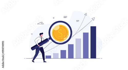 Focused professional man uses a large magnifying glass to inspect a gold dollar coin in front of rising financial charts.