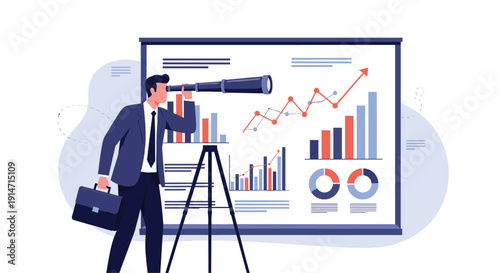 Professional businessman uses a large telescope to analyze detailed business charts and market data displayed on a presentation board.