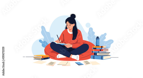 Young student sits comfortably on a red beanbag while intensely studying books and taking notes for her academic research project.