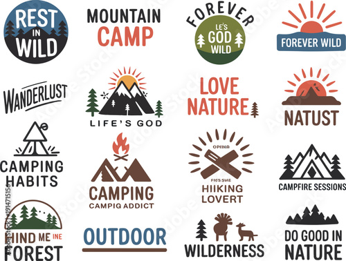 Collection of nature-themed with mountains, trees, and outdoor activities camping