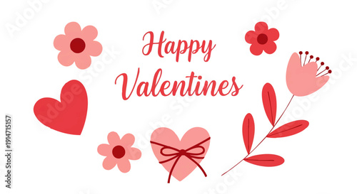 Happy Valentines Day greeting card design with pink and red hearts and flowers on a white background, perfect for romantic celebrations and love messages