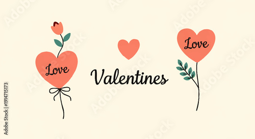 Charming hand-drawn illustration featuring a delightful collection of romantic hearts adorned with 'Love' and 'Valentines' text, perfect for celebrating affection and special occasions