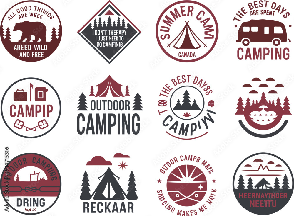 Obraz premium Collection of red and brown camping-themed circular with text and