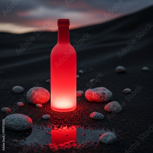 Glowing red bottle on dark beach at sunset with stones