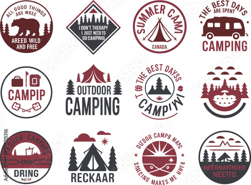 Collection of red and brown camping-themed circular with text and