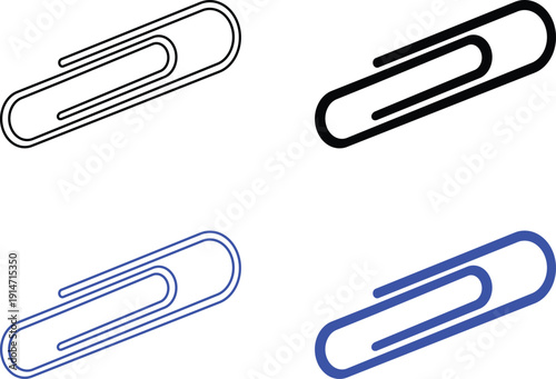 Professional Office Metal Paper Clip Stationery for Document Organization and School Supplies Graphic Design Elements Vector Silhouette Pictogram and Line Icon Set.eps
