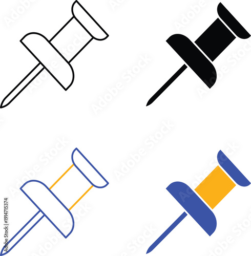 Professional Office Push Pin Thumbtack Stationery for Mapping Board and Note Attachment Tools Design Vector Silhouette Pictogram and Line Icon Set.eps