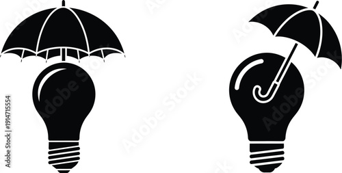 Two black light bulb icons with umbrellas on a white background