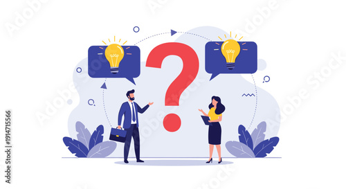 Businessman and woman stand before a giant question mark contemplating different ideas represented by glowing lightbulbs in bubbles.