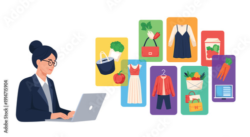 Focused woman works on her laptop while multiple colorful shopping categories for clothes and food float in the air beside her.