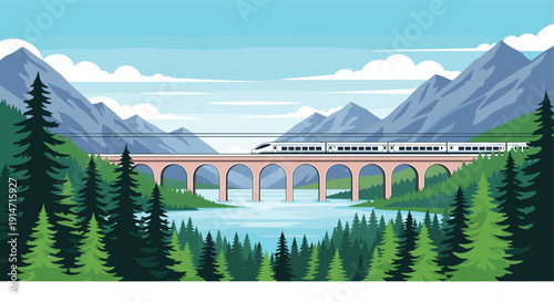 Modern high-speed train travels across a long arched bridge over a river surrounded by a lush green pine forest and mountains.