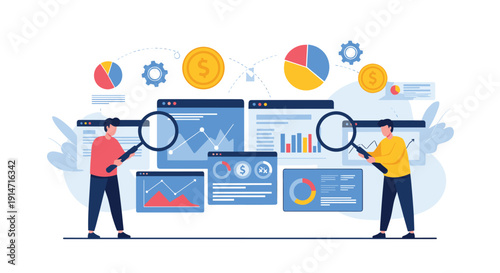 Two data analysts use large magnifying glasses to scrutinize multiple screens filled with complex financial graphs and statistics.