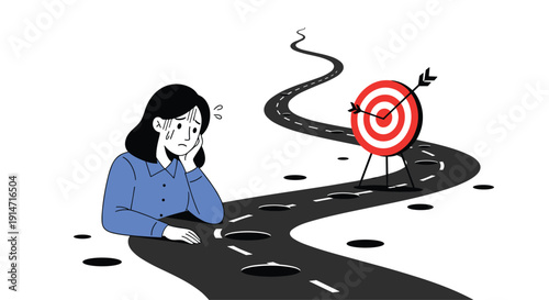 Sad woman looks with concern at a winding road full of pitfalls and holes that leads towards her desired business target.