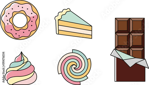 Assorted colorful desserts and sweets on a white background.