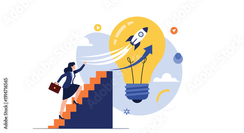 Businesswoman climbs steps towards a giant lightbulb where a rocket is taking off symbolizing a new idea launching into success.