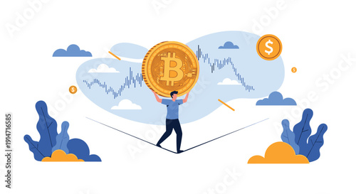 Man carefully walks a tightrope while holding a giant Bitcoin coin balancing over a financial chart showing market volatility.
