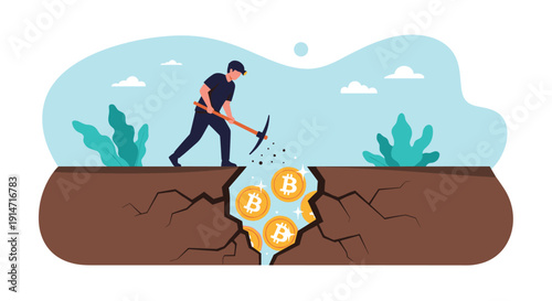 Miner using a pickaxe to excavate golden bitcoin symbols from a deep crack in the ground in this vector illustration.