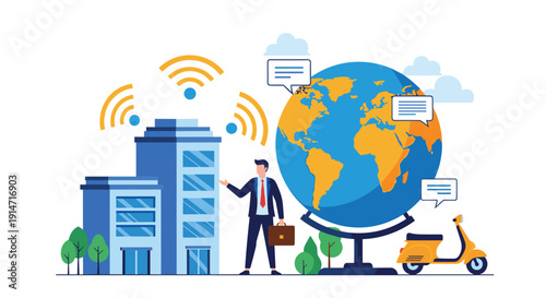 Businessman with a briefcase standing between modern buildings with wifi signals and a large globe with icons.