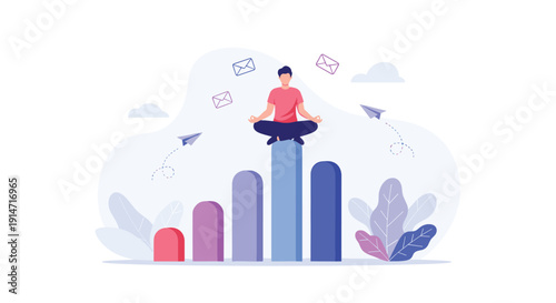 Person meditating in lotus position on top of a rising bar chart with paper planes and envelopes in the air.